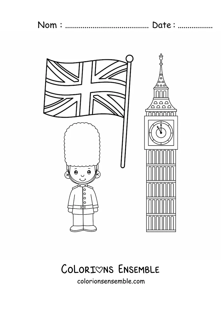 Image à colorier d'un garçon en garde royal avec le drapeau du Royaume-Uni et Big Ben