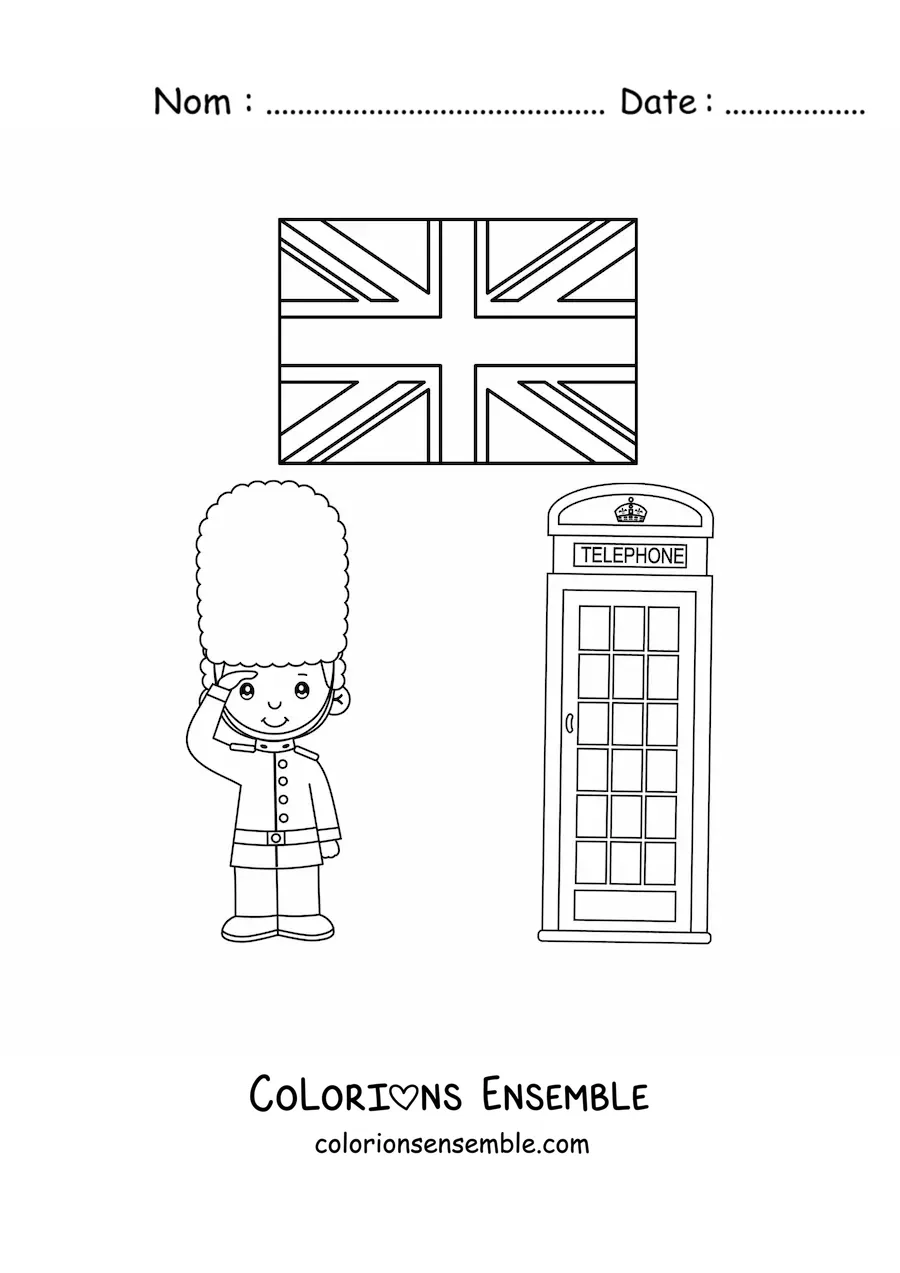 Image à colorier d'un garde royal animé avec le drapeau du Royaume-Uni et une cabine téléphonique