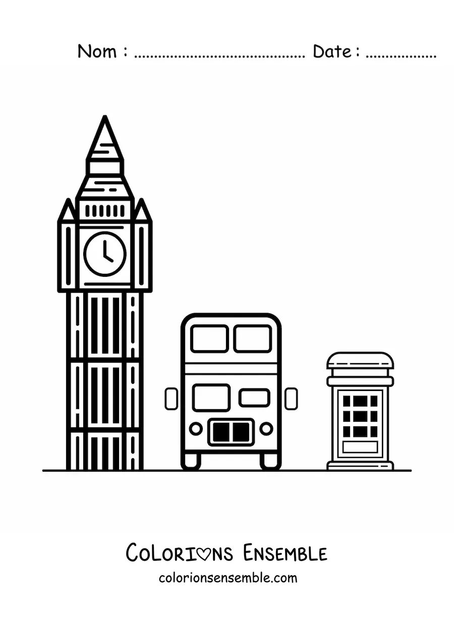 Image à colorier de Big Ben avec un bus et une cabine téléphonique de Londres
