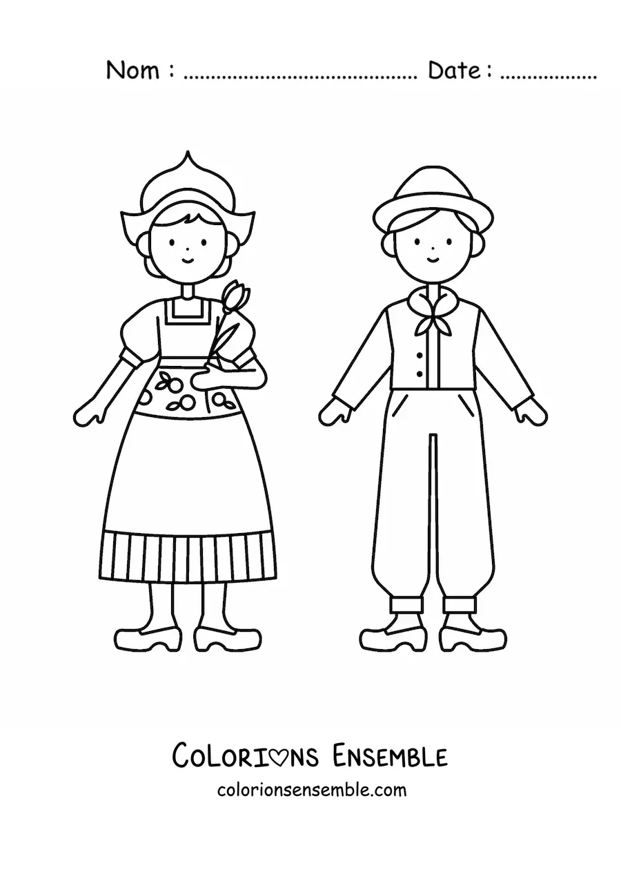Image à colorier d'un couple en costume typique des Pays-Bas