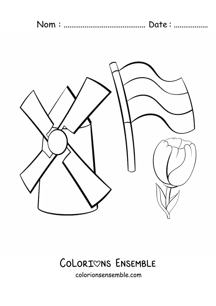 Image à colorier d'un moulin avec le drapeau des Pays-Bas et une tulipe