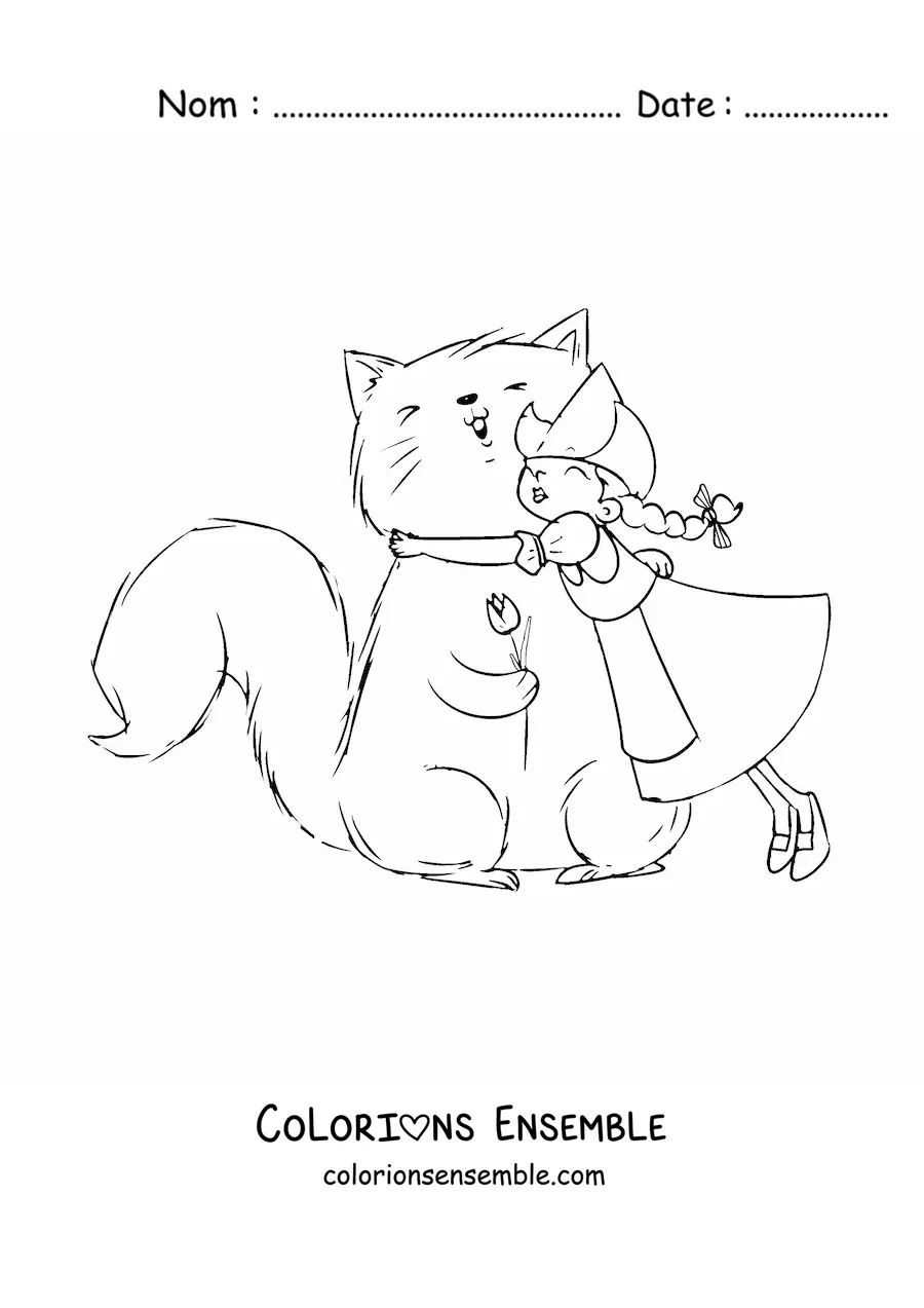 Image à colorier d'une petite fille hollandaise avec un chat animé