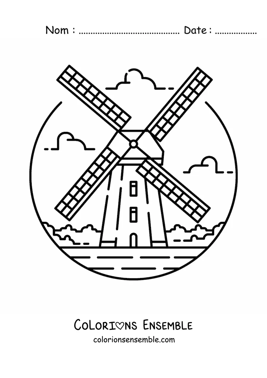Image à colorier d'un moulin hollandais