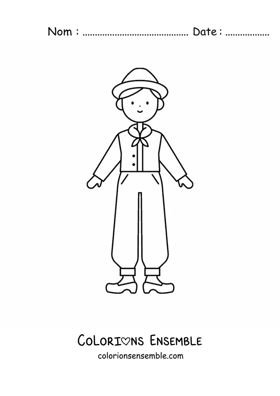 Image à colorier d'un petit garçon hollandais en costume traditionnel