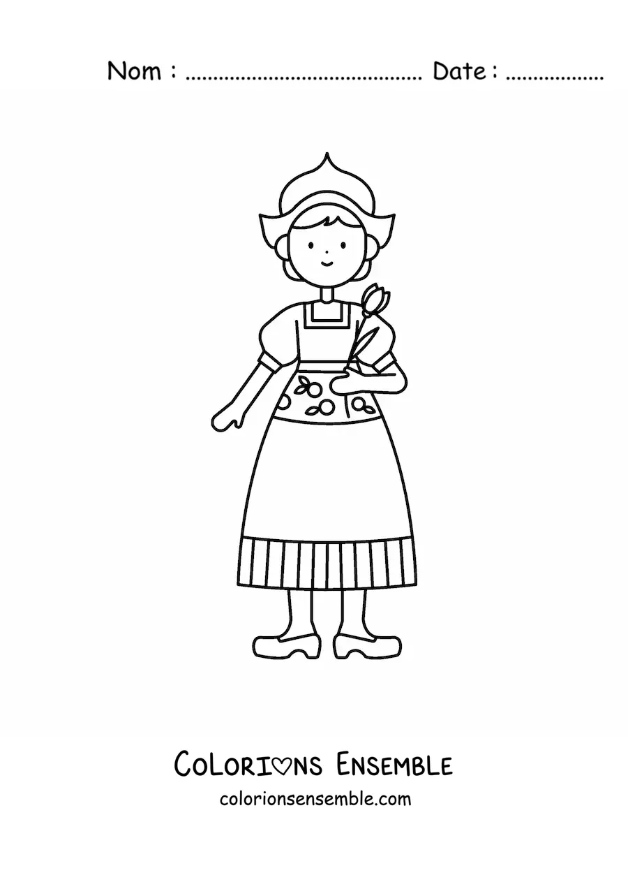 Image à colorier d'une petite fille hollandaise en costume traditionnel