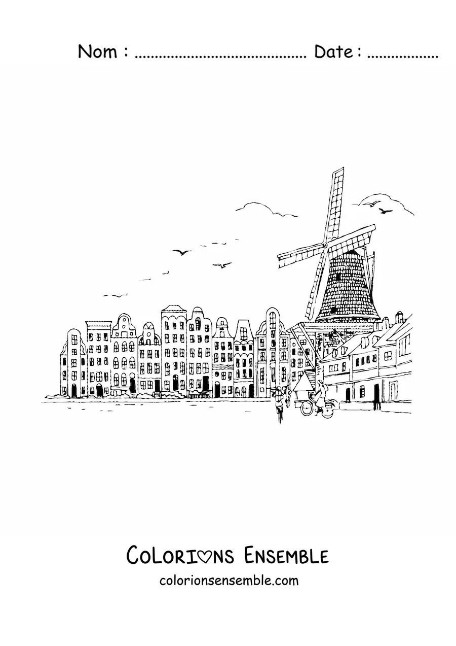 Image à colorier d'un paysage de la ville d'Amsterdam