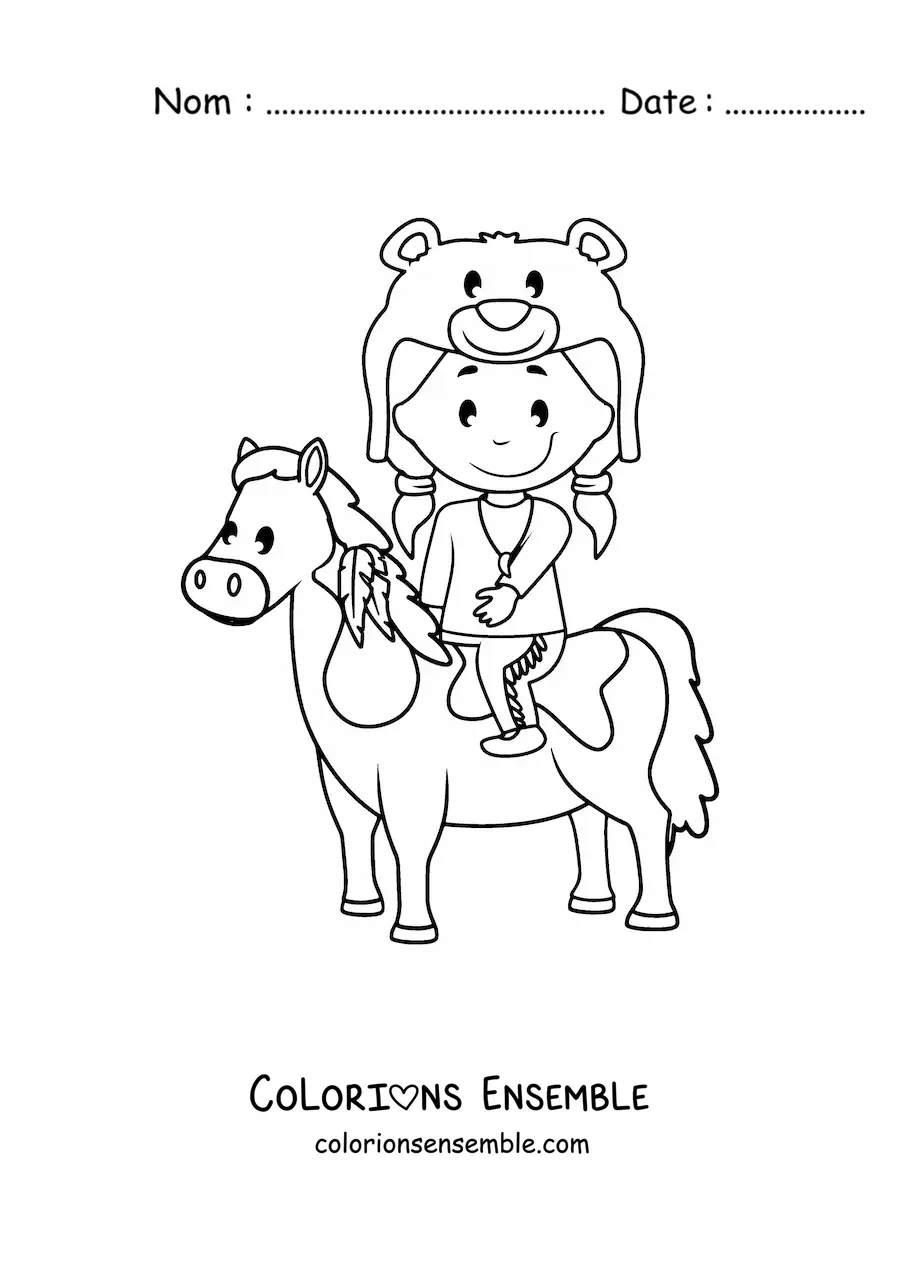 Image à colorier d'un enfant amérindien à cheval