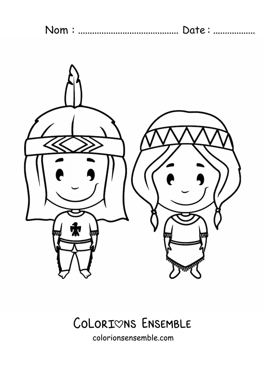 Image à colorier d'enfants amérindiens