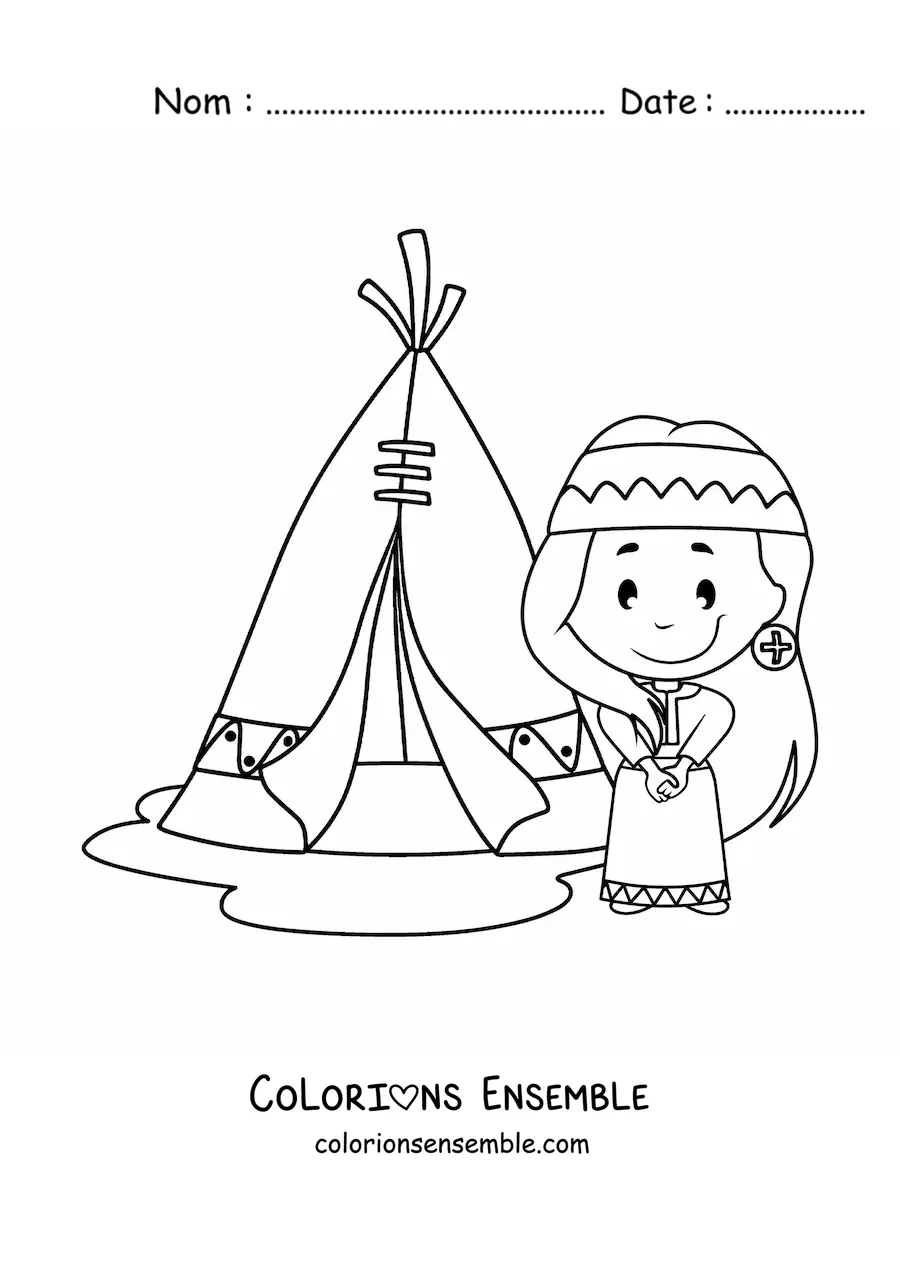 Image à colorier d'une fille amérindienne à côté d'un tipi