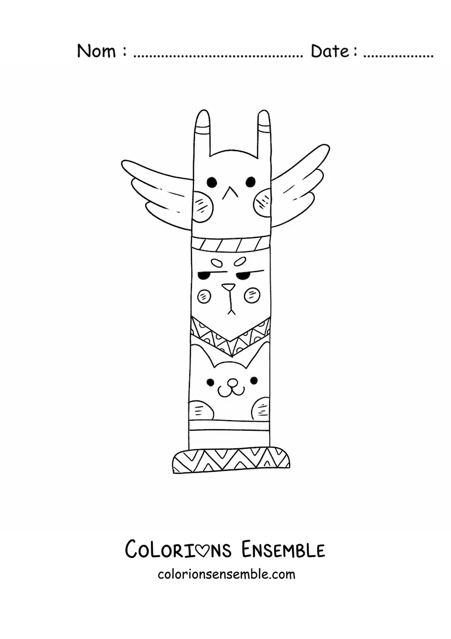 Image à colorier d'un totem amérindien animé kawaii