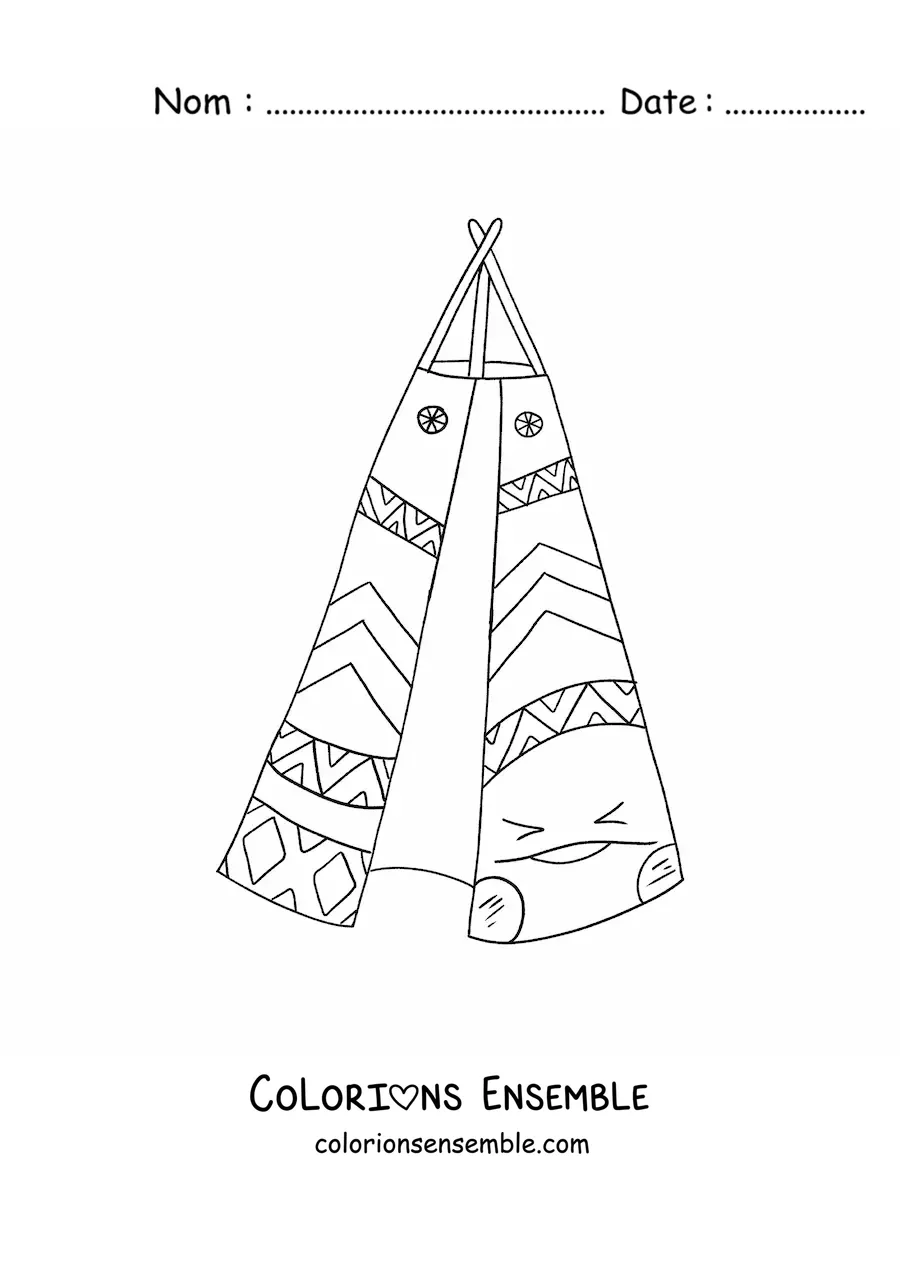 Image à colorier d'un tipi amérindien animé kawaii