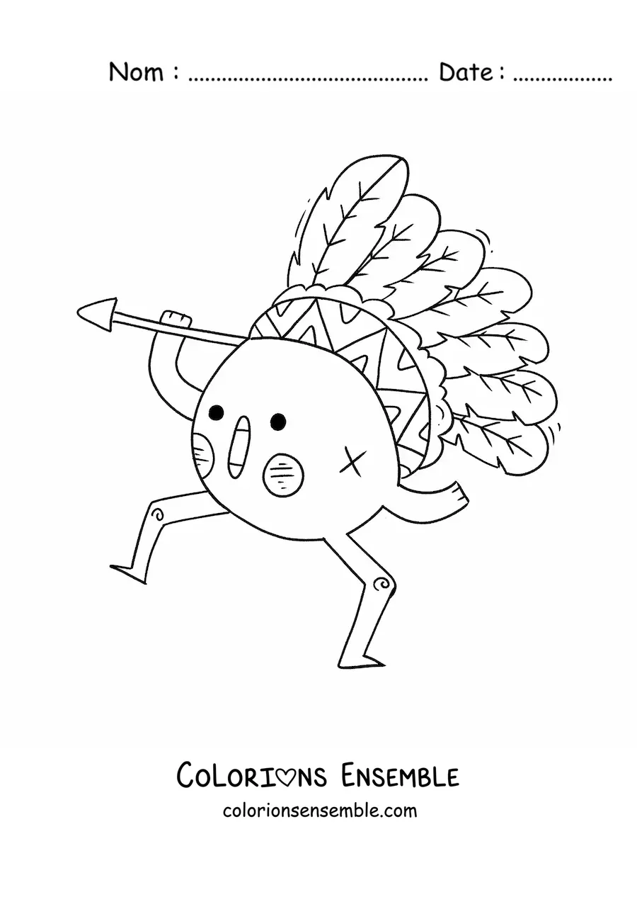 Image à colorier d'un Amérindien animé kawaii avec des plumes