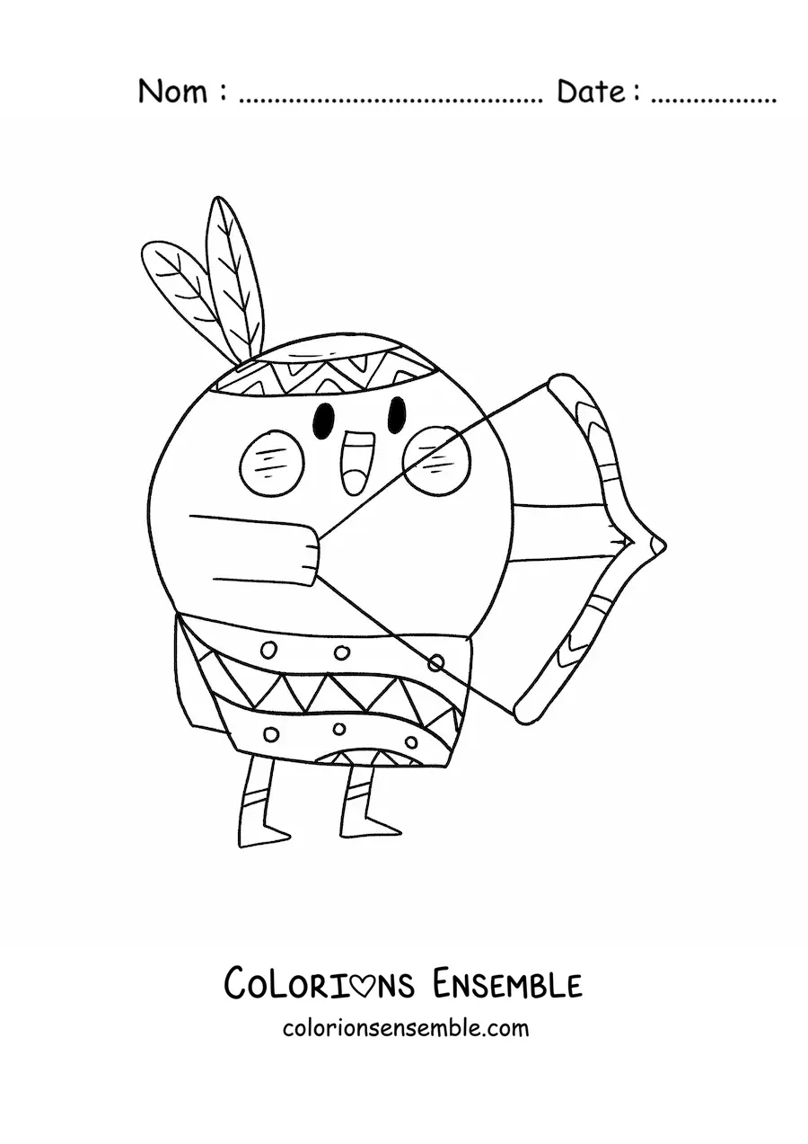 Image à colorier d'un Amérindien animé kawaii avec un arc et des flèches