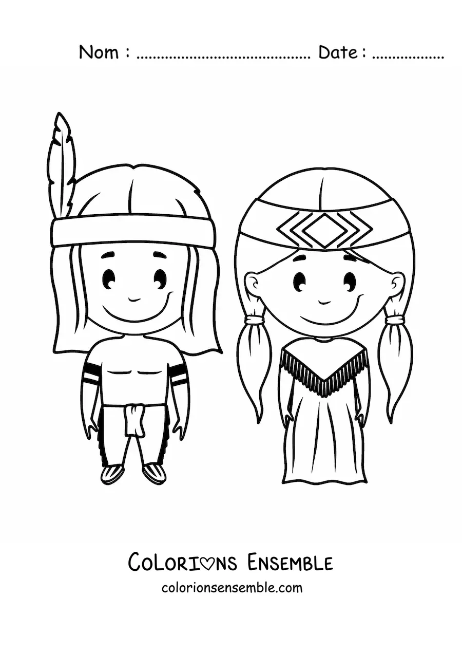 Image à colorier d'Amérindiens kawaii