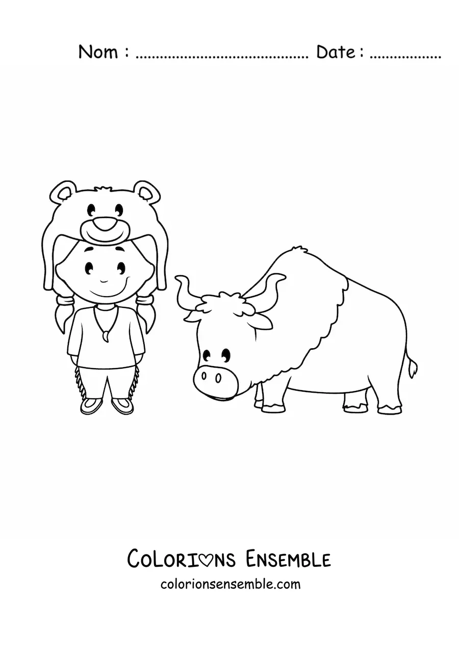 Image à colorier d'un Amérindien animé kawaii avec un bœuf