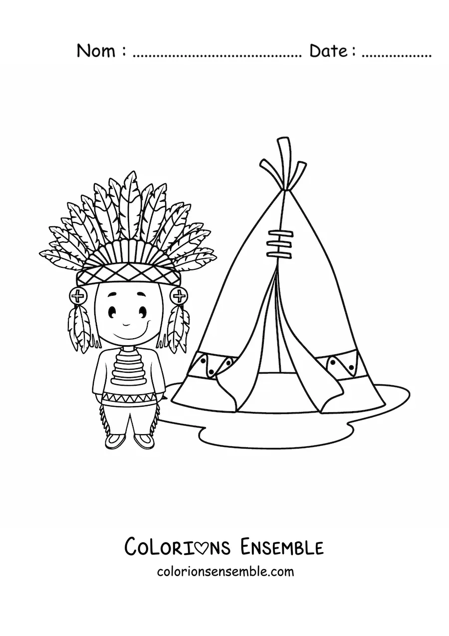 Image à colorier d'un Amérindien animé avec une coiffe de plumes à côté d'un tipi