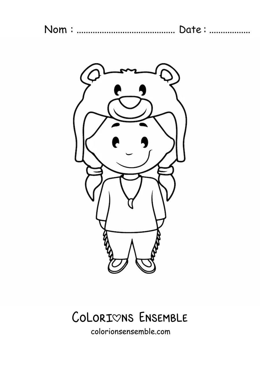 Image à colorier d'une fille amérindienne animée avec une peau d'ours