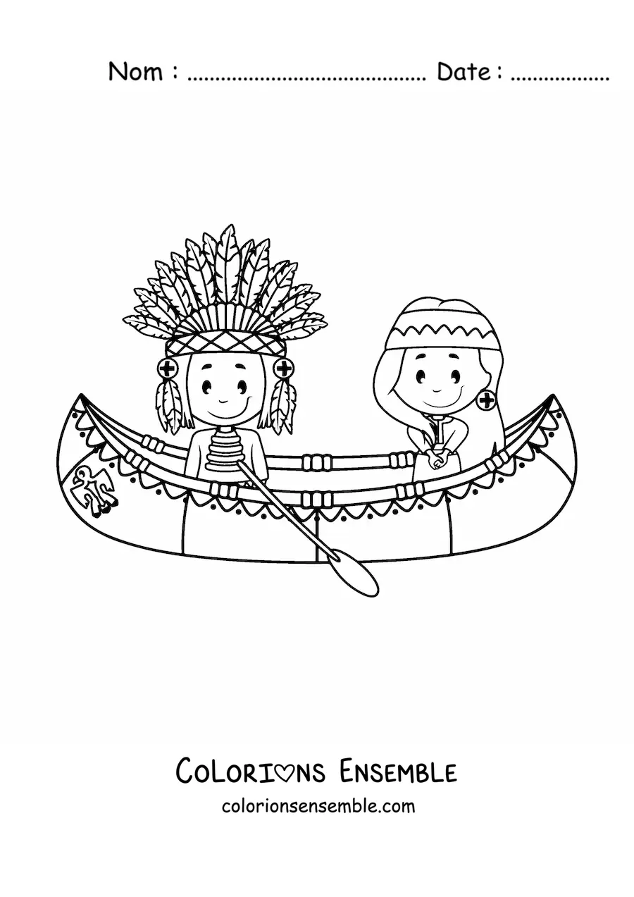 Image à colorier d'Amérindiens animés dans un canoë