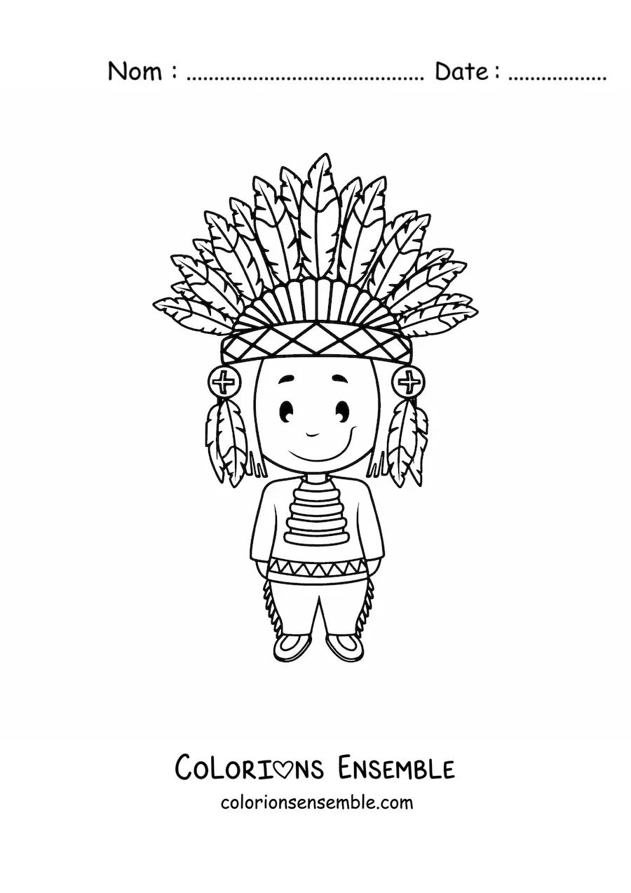 Image à colorier d'un Amérindien d'une tribu avec une coiffe de plumes