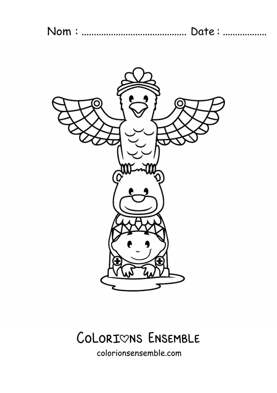 Image à colorier d'un totem des tribus amérindiennes animé kawaii