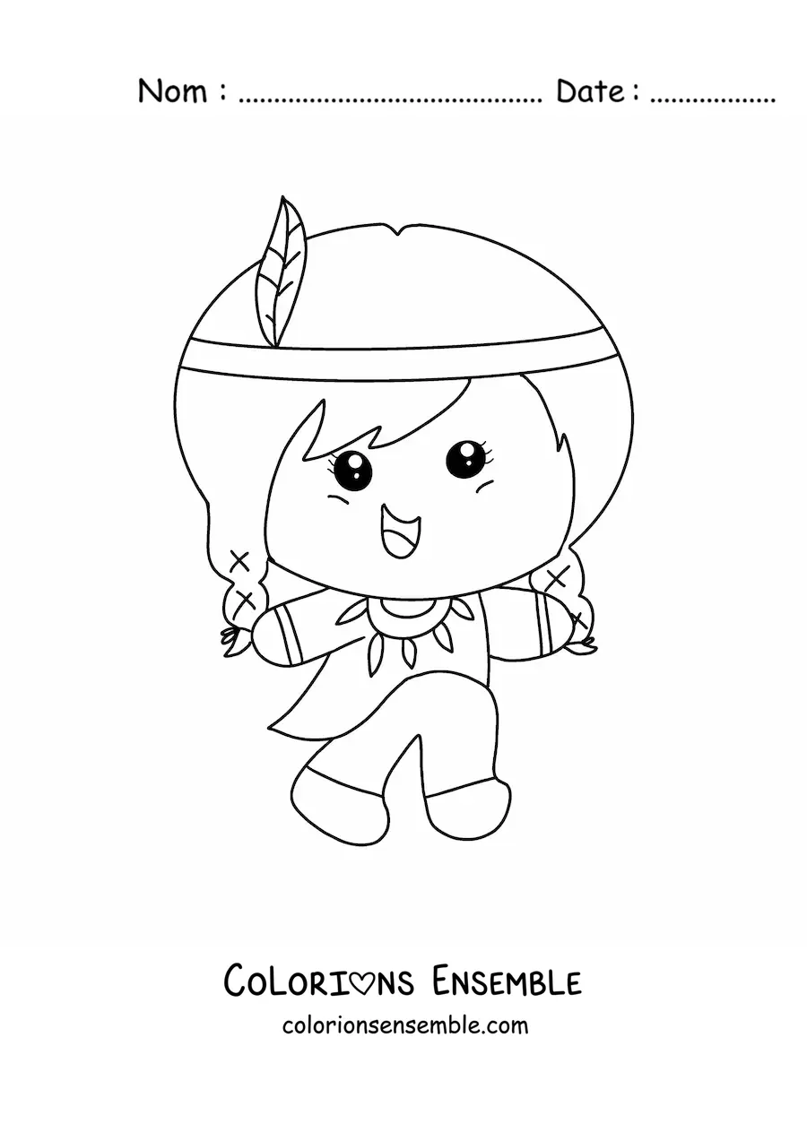Image à colorier d'une fille d'une tribu amérindienne animée kawaii