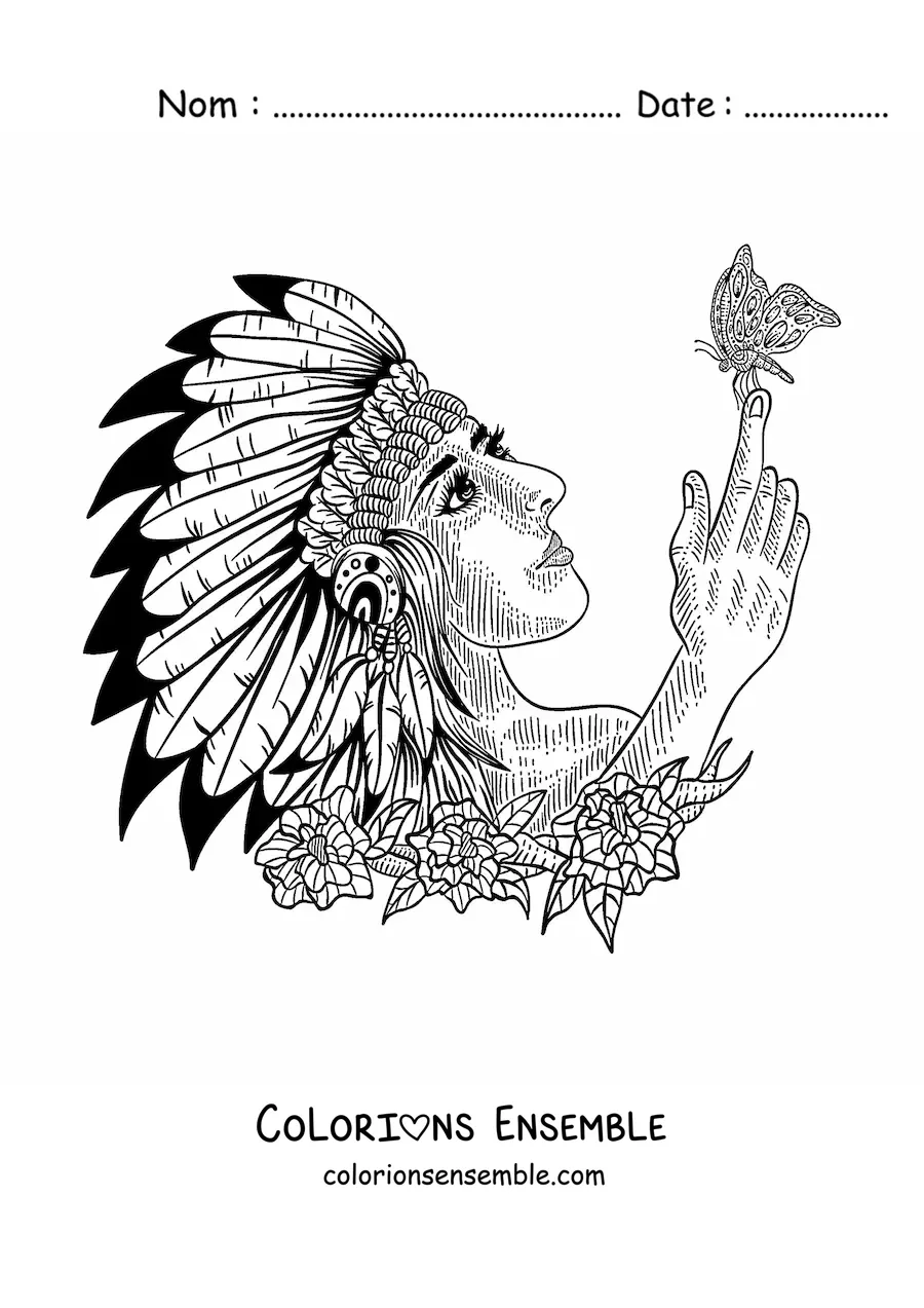 Image à colorier d'un Amérindien d'une tribu avec une coiffe de plumes et un papillon