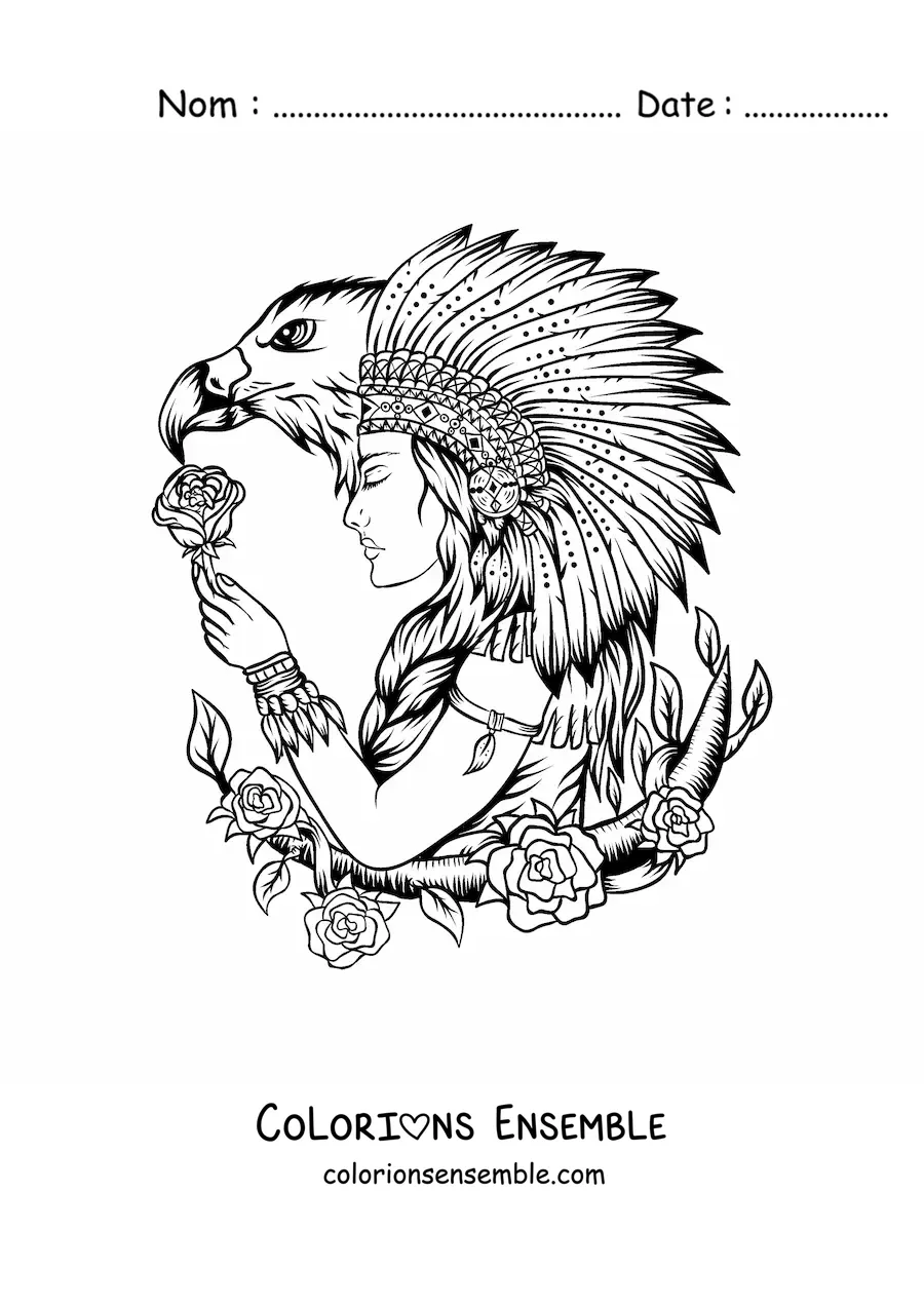 Image à colorier d'un Amérindien d'une tribu avec une coiffe de plumes et un aigle