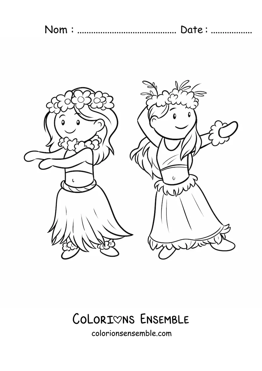 Image à colorier de petites filles hawaïennes qui dansent le hula