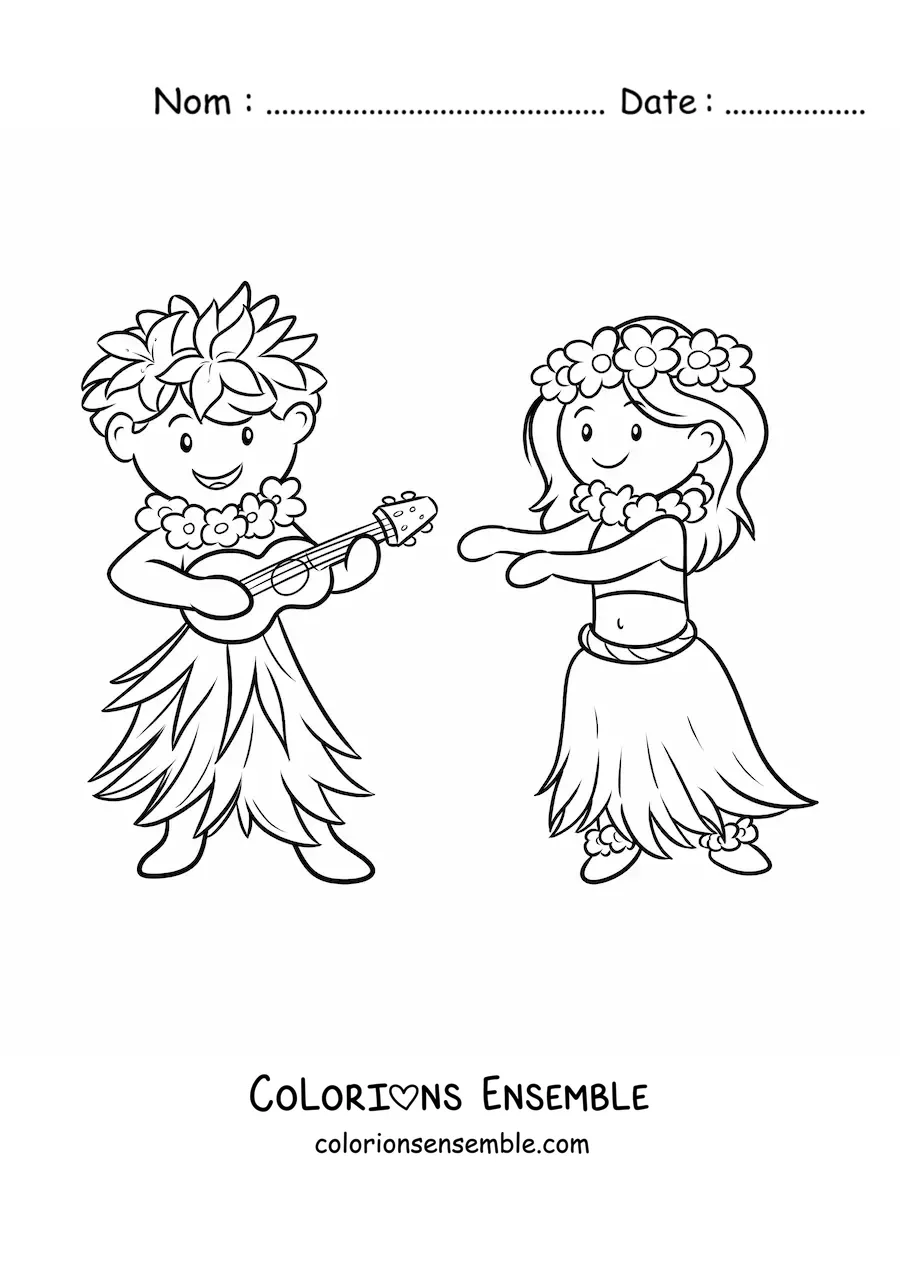 Image à colorier d'un petit garçon hawaïen avec une guitare et une danseuse de hula
