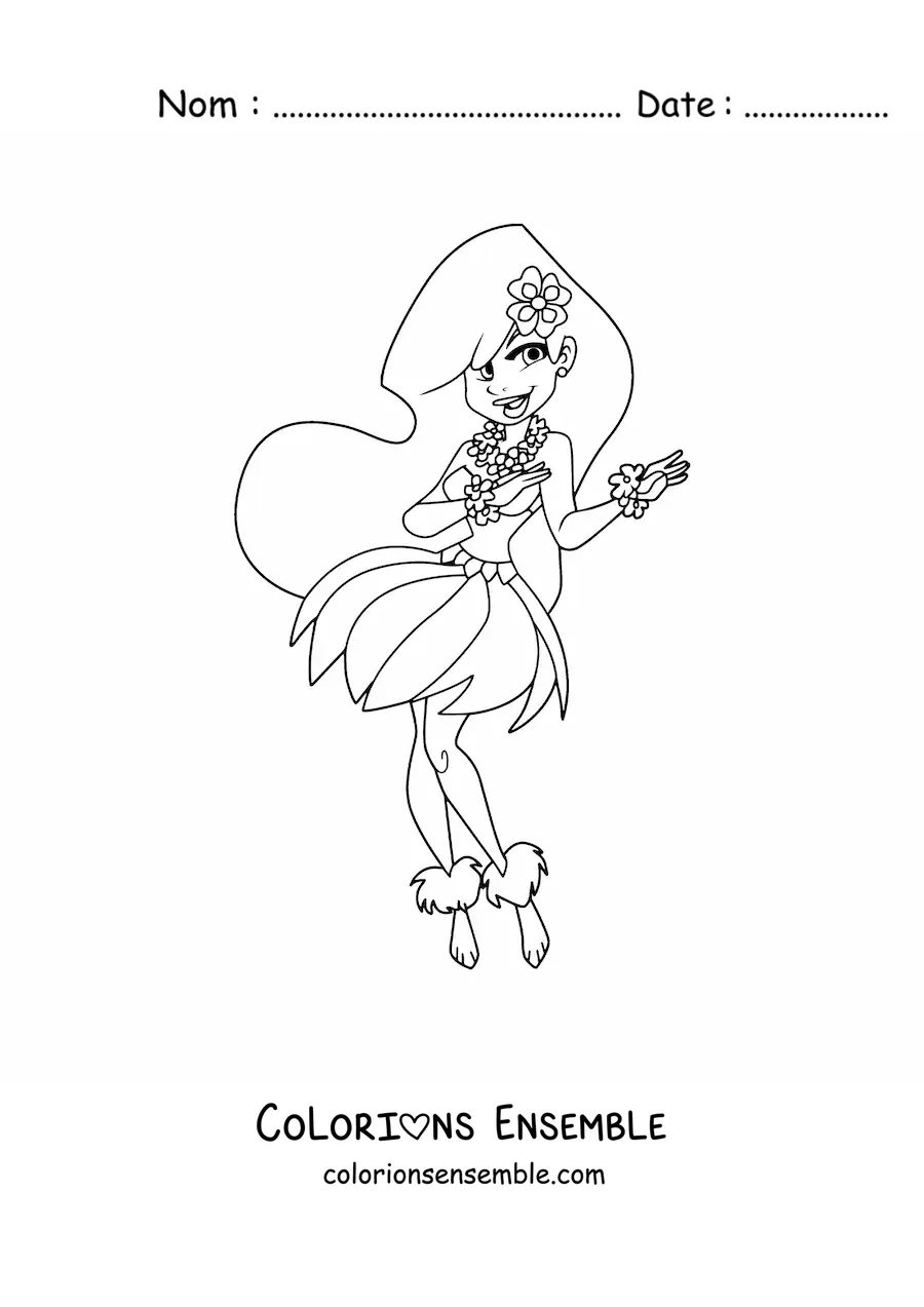Image à colorier d'une danseuse de hula animée