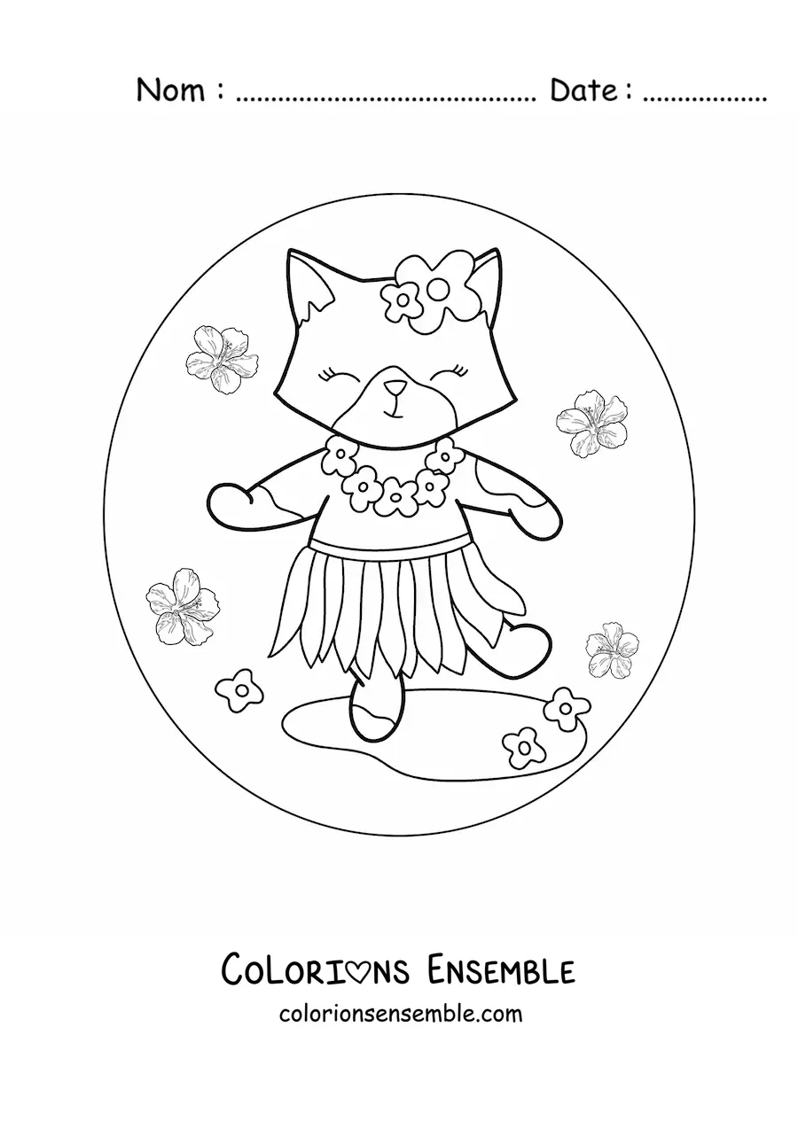Image à colorier d'une chatte animée qui danse le hula