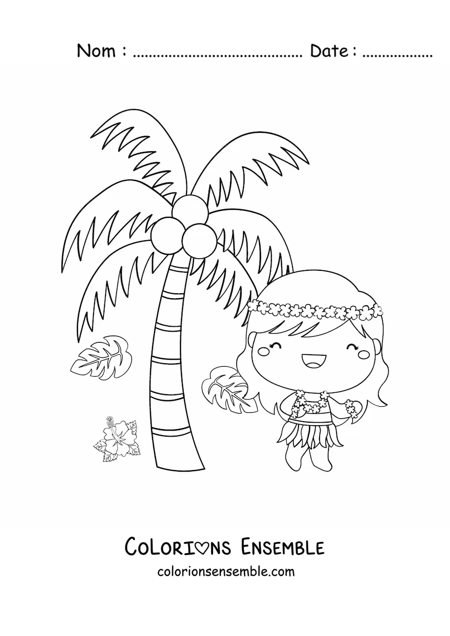 Image à colorier d'une danseuse de hula animée kawaii à côté d'un palmier