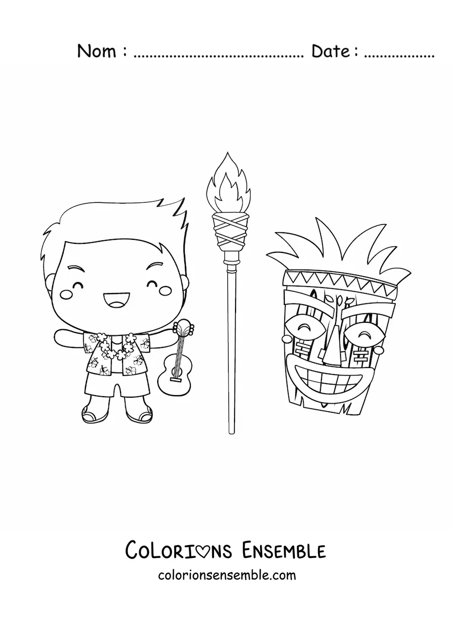 Image à colorier d'un petit garçon kawaii animé avec une guitare et un masque tiki