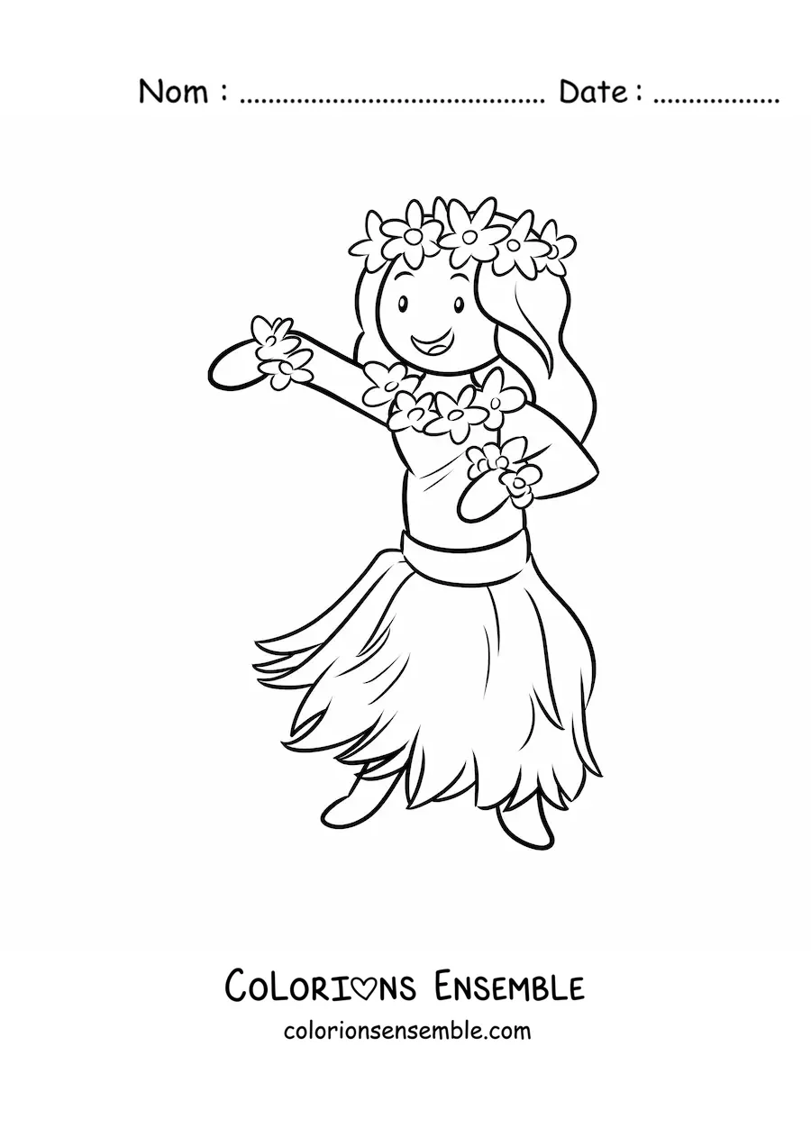 Image à colorier d'une petite fille danseuse de hula
