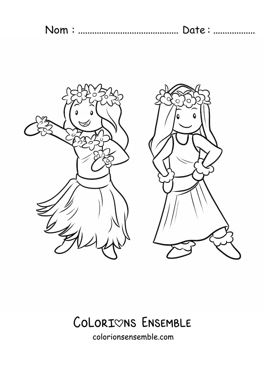 Image à colorier de petites filles danseuses de hula