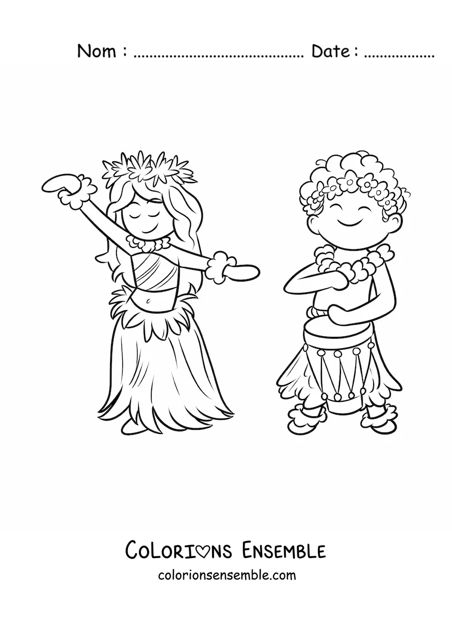 Image à colorier d'un petit garçon hawaïen avec un tambour et une danseuse de hula