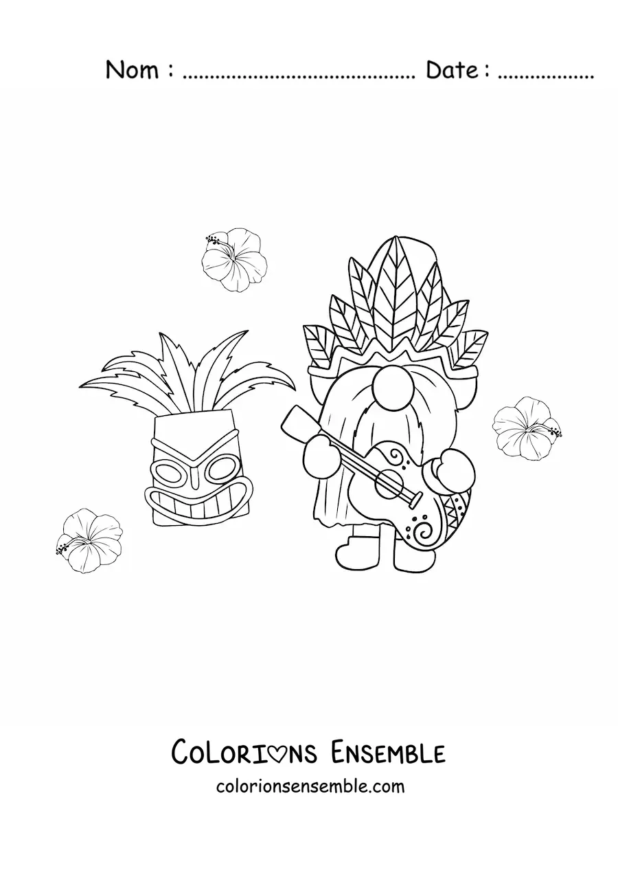 Image à colorier d'un lutin animé qui joue de la guitare avec un masque tiki