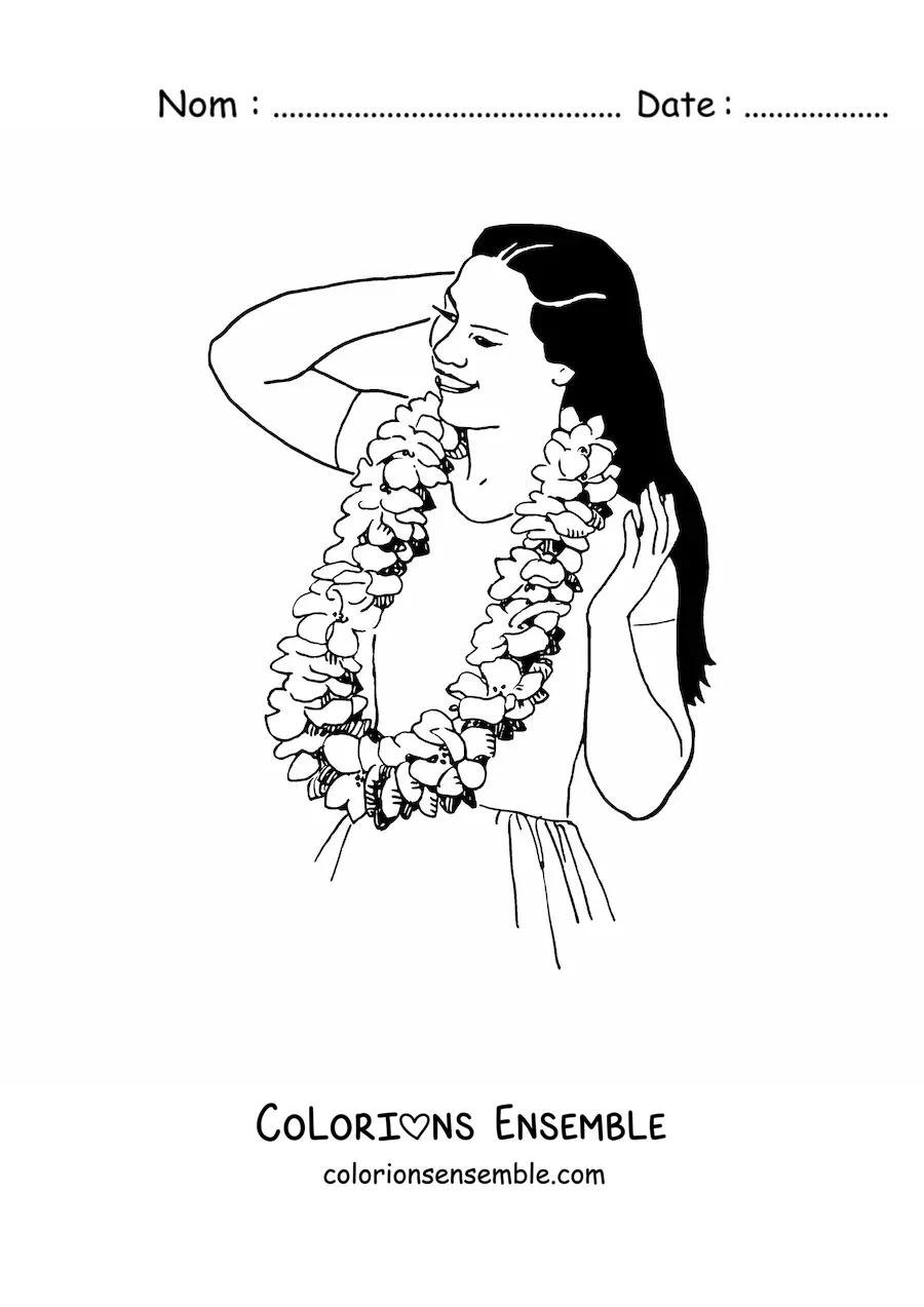 Image à colorier d'une fille à une fête hawaïenne avec un collier de fleurs