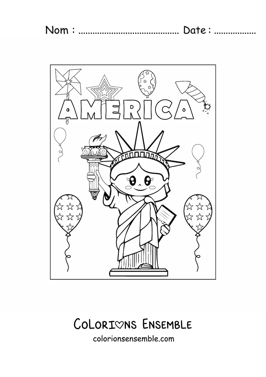 Image à colorier de la statue de la Liberté animée kawaii