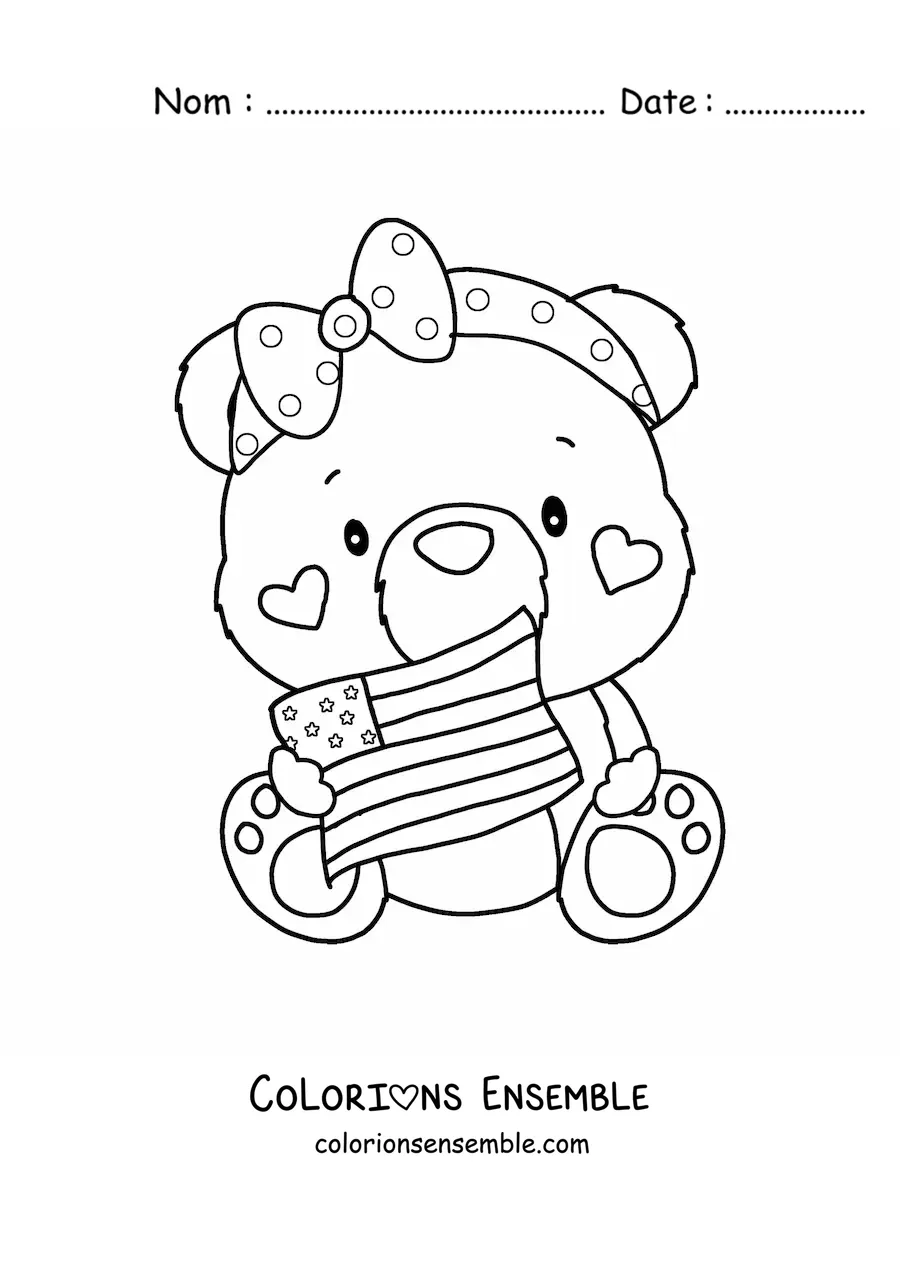 Image à colorier d'une ourse animée kawaii avec le drapeau des États-Unis