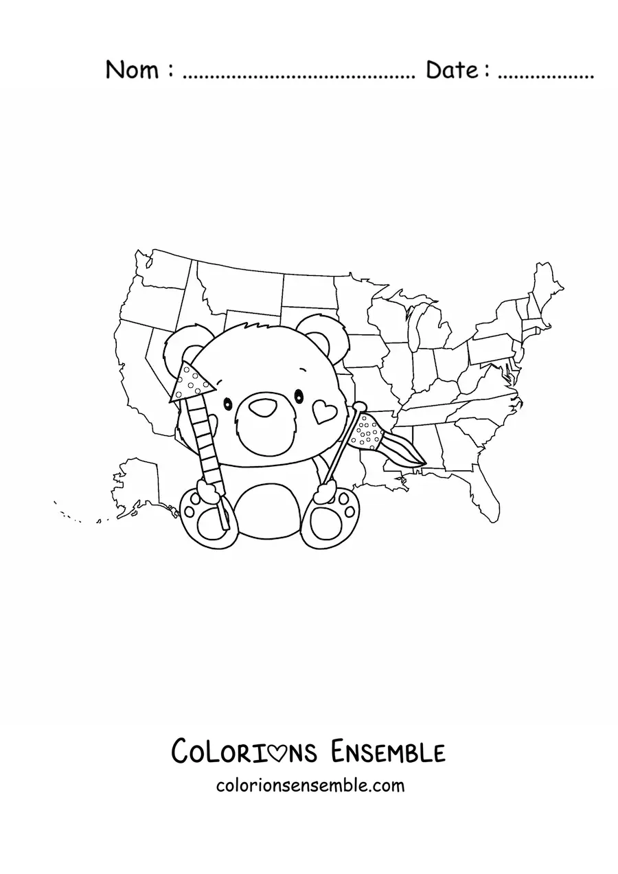Image à colorier d'un ours animé kawaii avec le drapeau et la carte des États-Unis