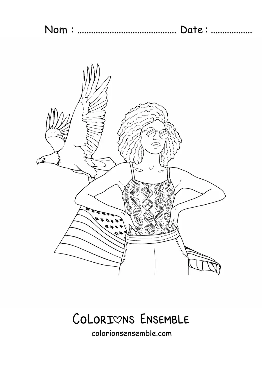 Image à colorier d'une fille américaine avec le drapeau et un aigle