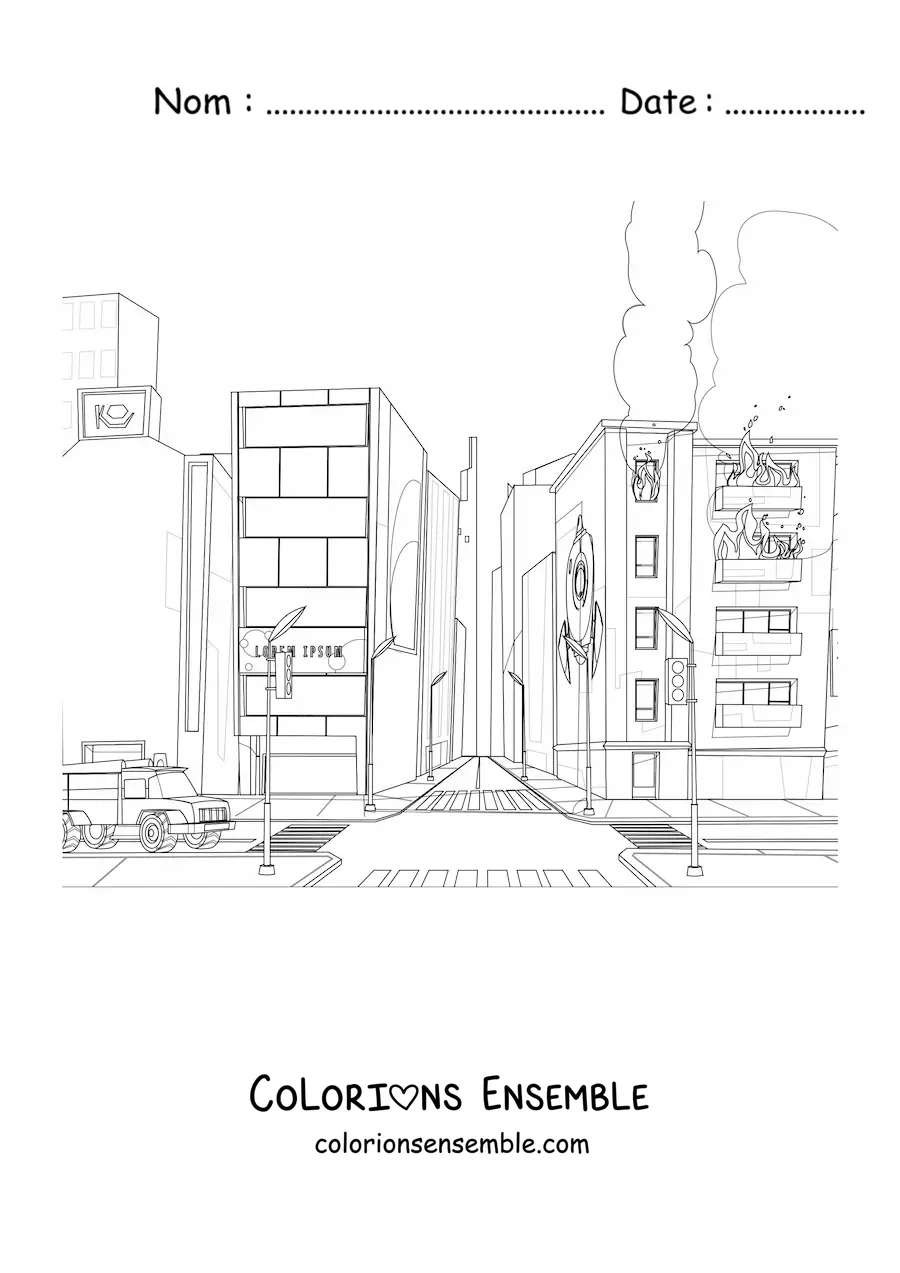 Image à colorier d'un camion de pompiers sur un incendie