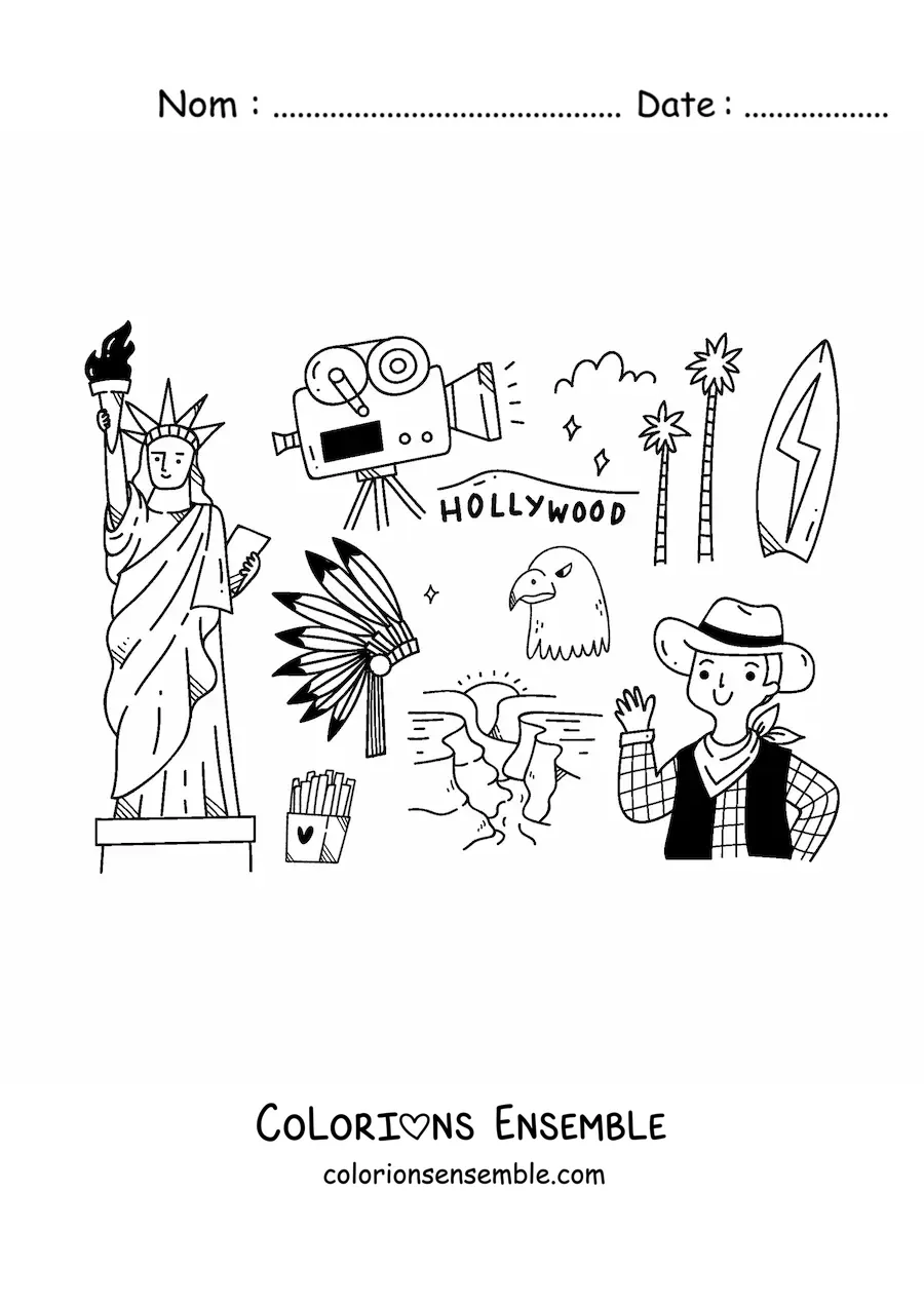 Image à colorier de la Statue de la Liberté et de symboles de la culture américaine