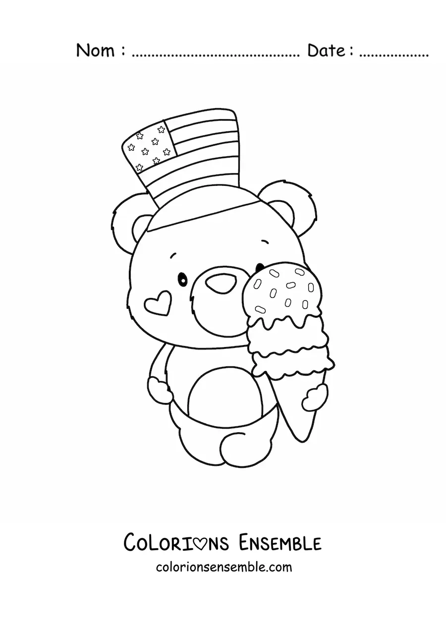 Image à colorier d’un ours kawaii avec une glace et un chapeau aux couleurs des États-Unis