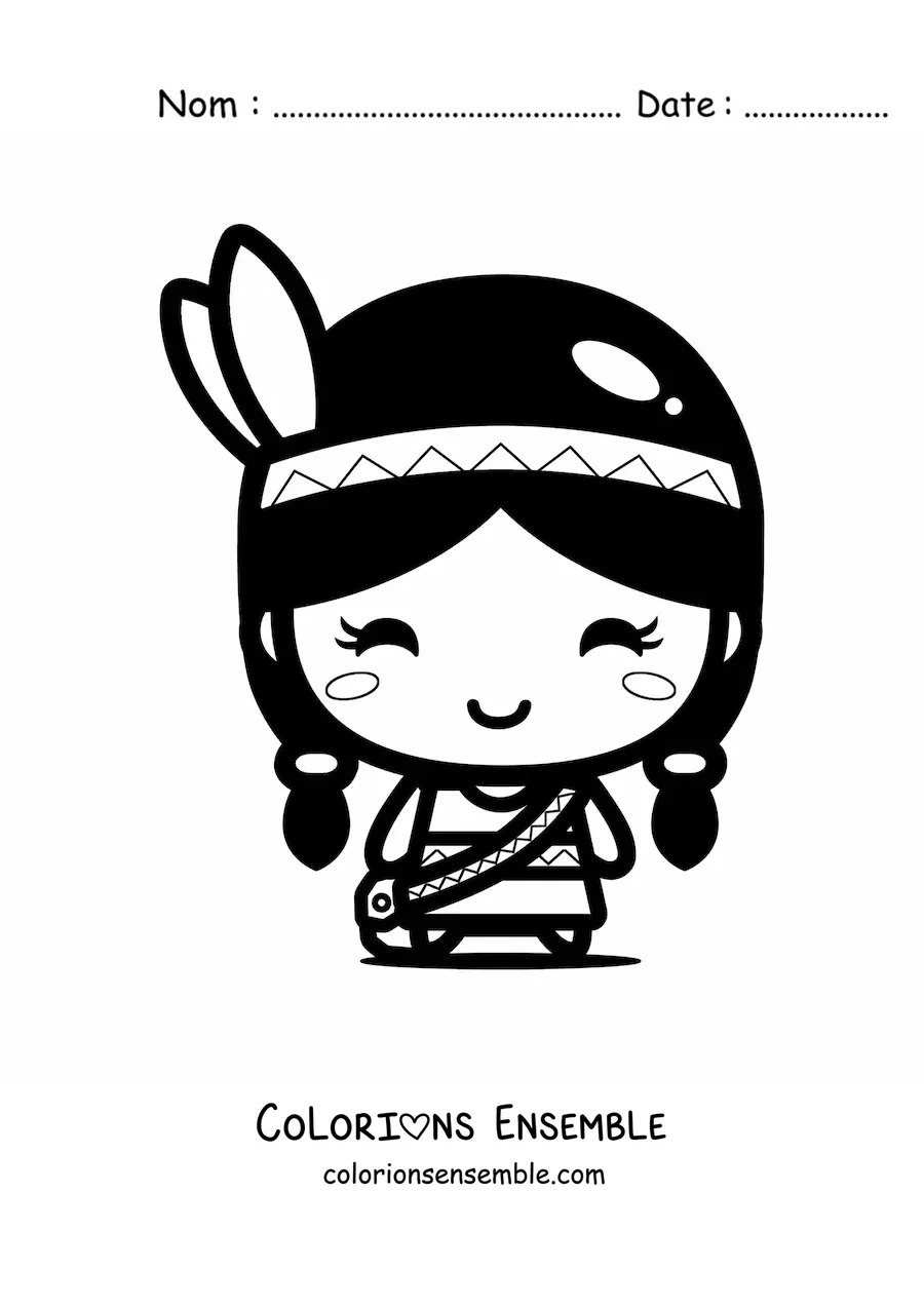 Image à colorier d’une petite fille amérindienne kawaii