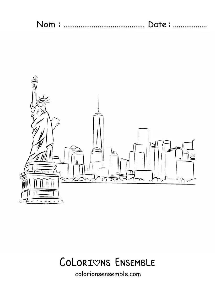 Image à colorier d’un paysage de New York avec la Statue de la Liberté