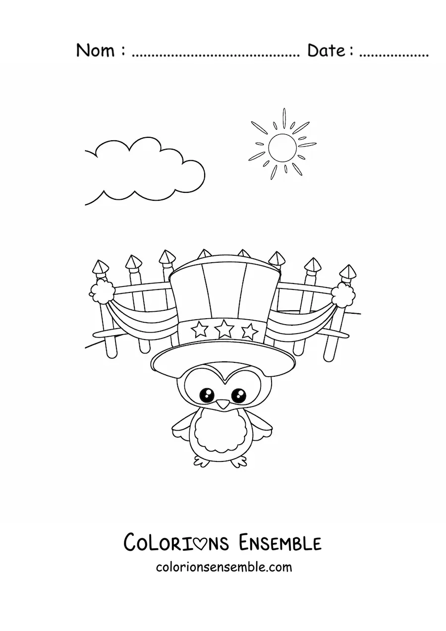 Image à colorier d’un pingouin rigolo qui fête l’indépendance des États-Unis
