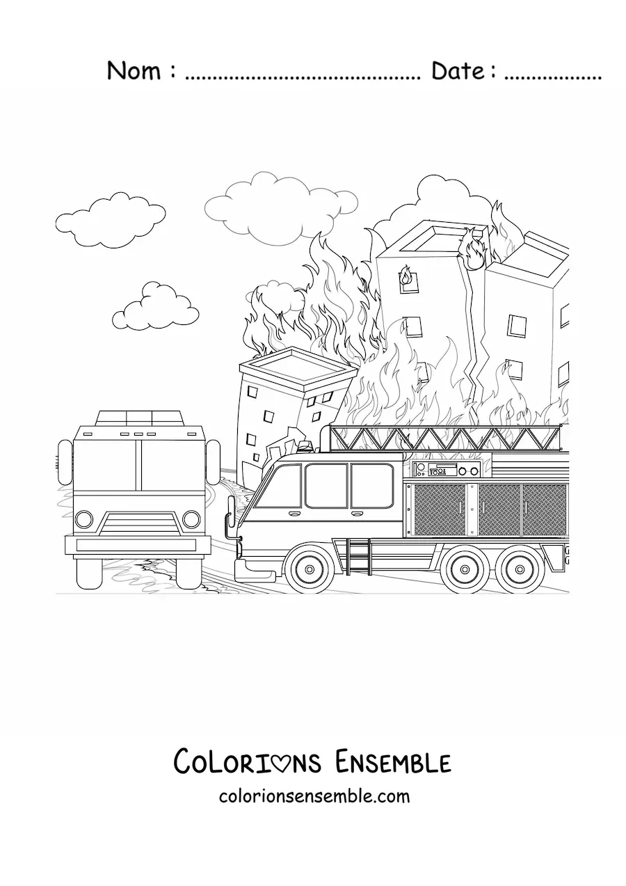 Image à colorier d'un camion de pompiers devant un grand incendie