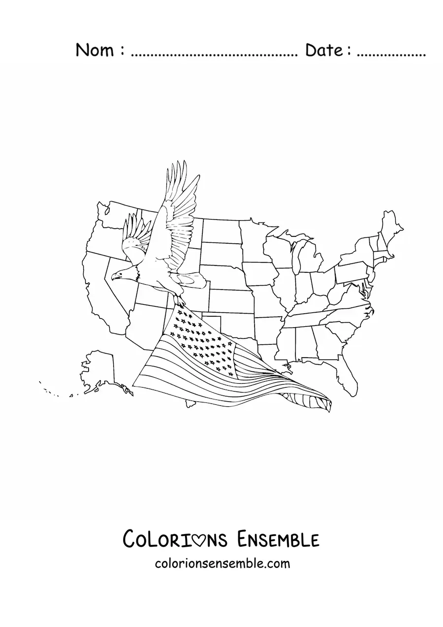 Image à colorier d’un aigle tenant le drapeau américain avec la carte des États-Unis